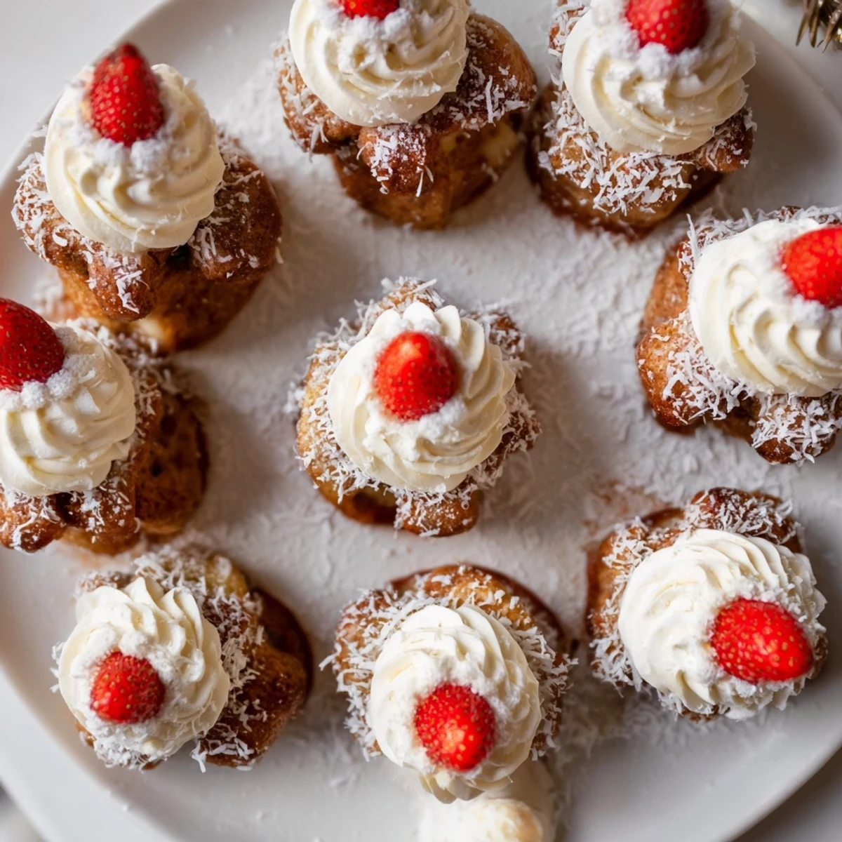 Warm Santa Hat Bread Pudding Bites, showing festive holiday treats with whipped cream and berries.