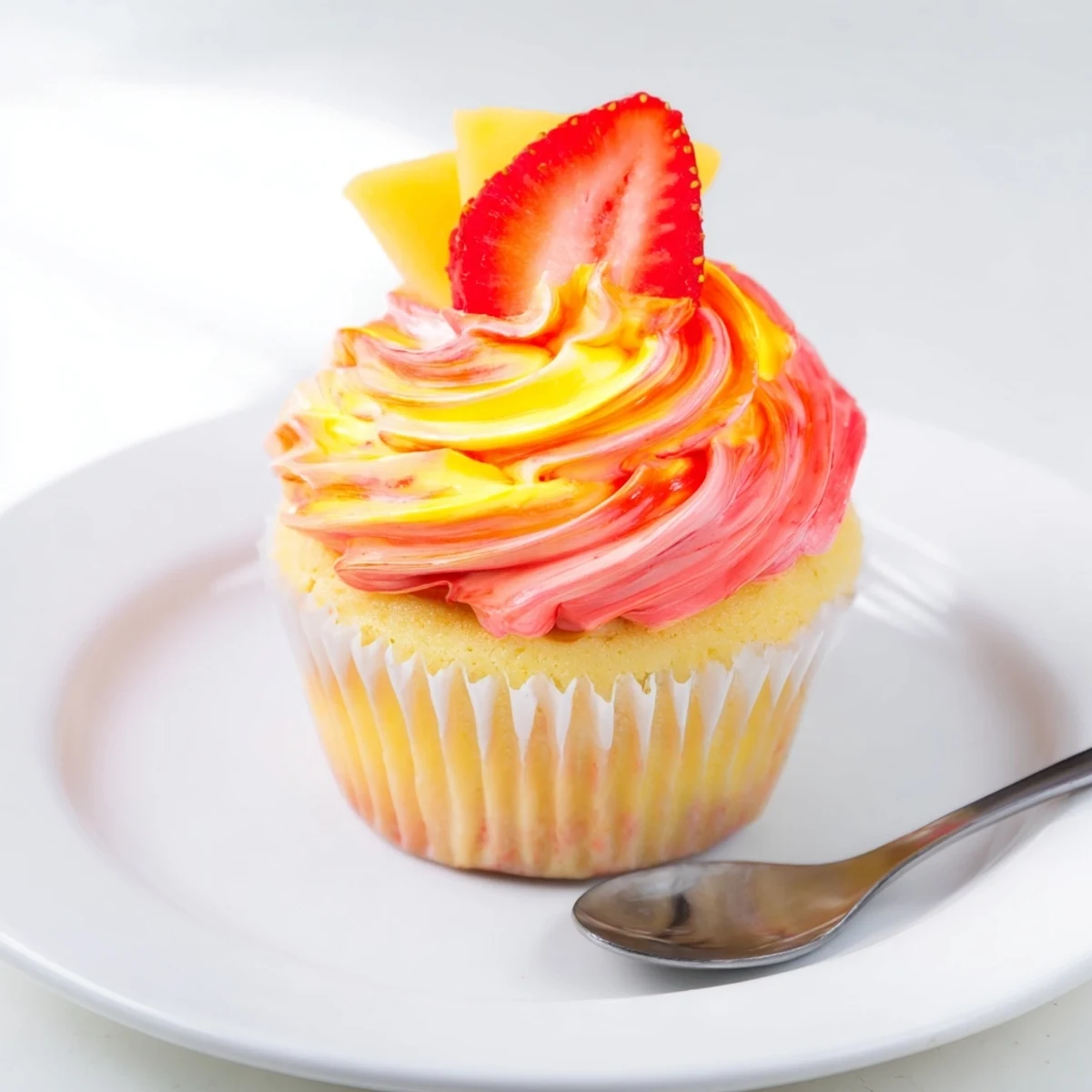 Vibrant Mango Strawberry Sunset Cupcakes in a muffin tin, topped with colorful, swirled frosting.