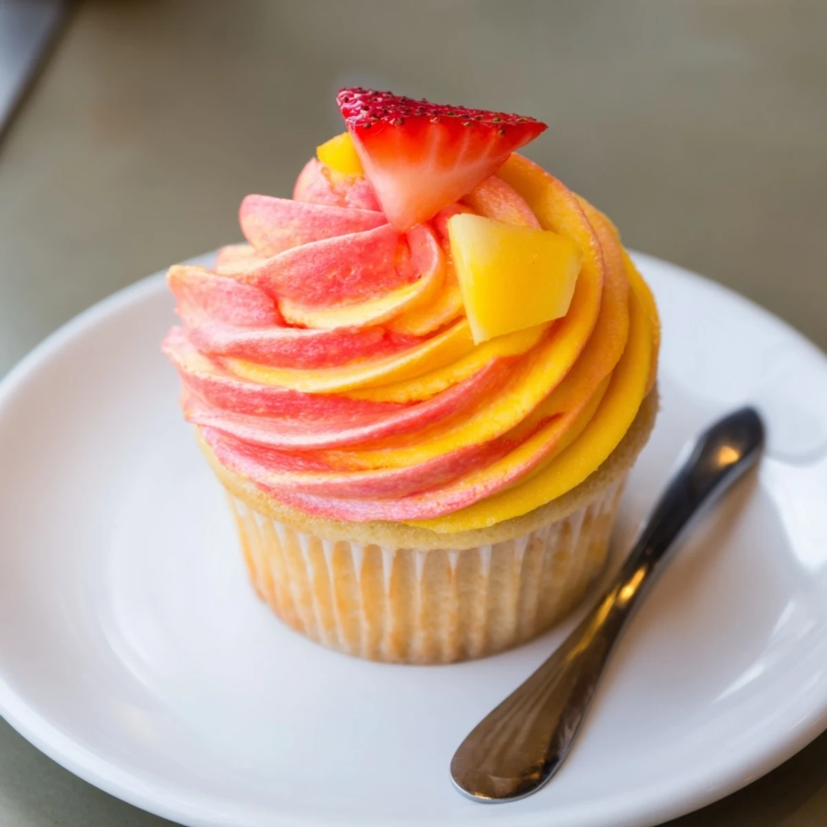 Delicious Mango Strawberry Sunset Cupcakes with a swirl of sunset-hued frosting, ready to eat.