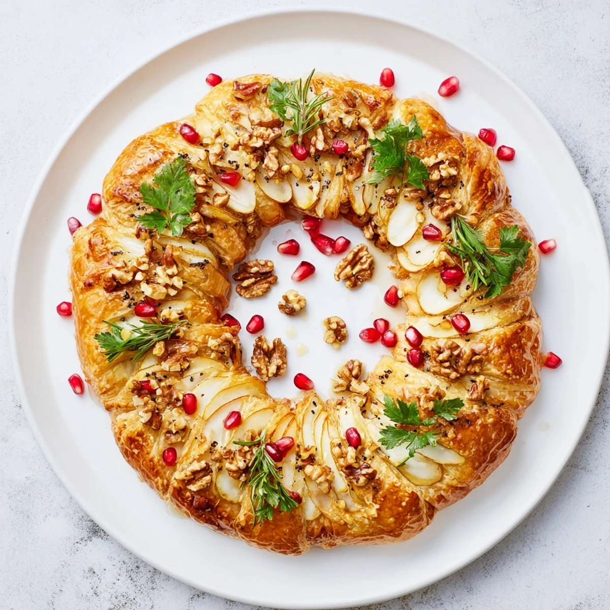 Golden, baked Pomegranate and Brie Wreath appetizer, bursting with jewel-toned seeds and fresh herbs.