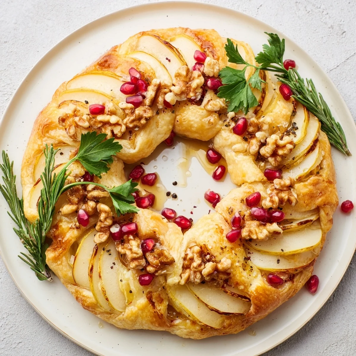 Warm, creamy Pomegranate and Brie Wreath, a festive holiday appetizer with flaky pastry and drizzled honey.