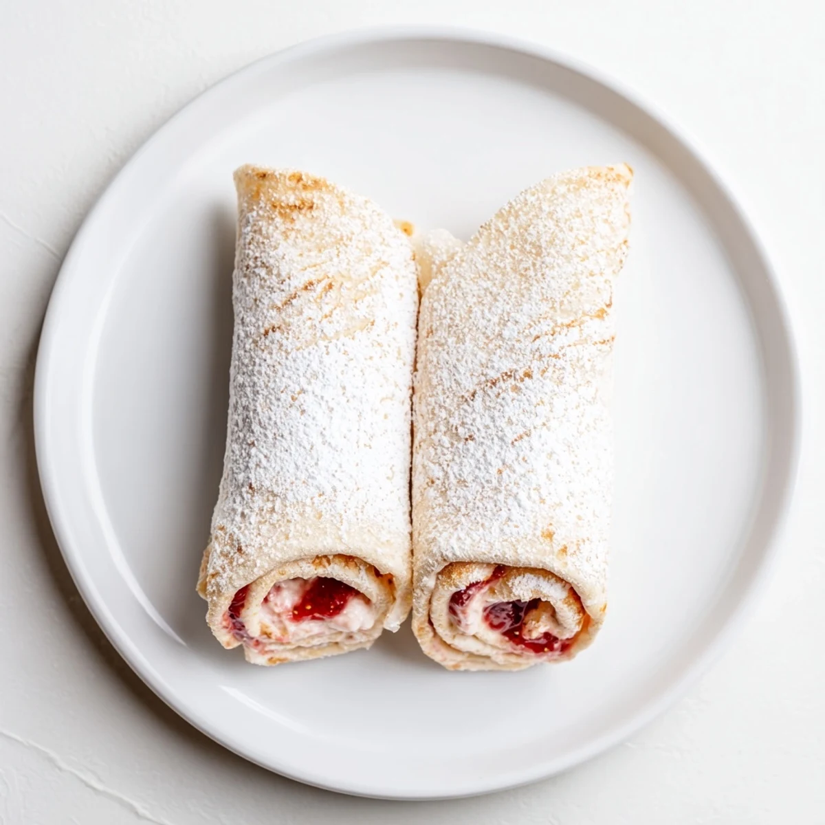 Snow Angel Tortilla Wraps rolled and cut on a plate, dusted with powdered sugar, ready to eat.