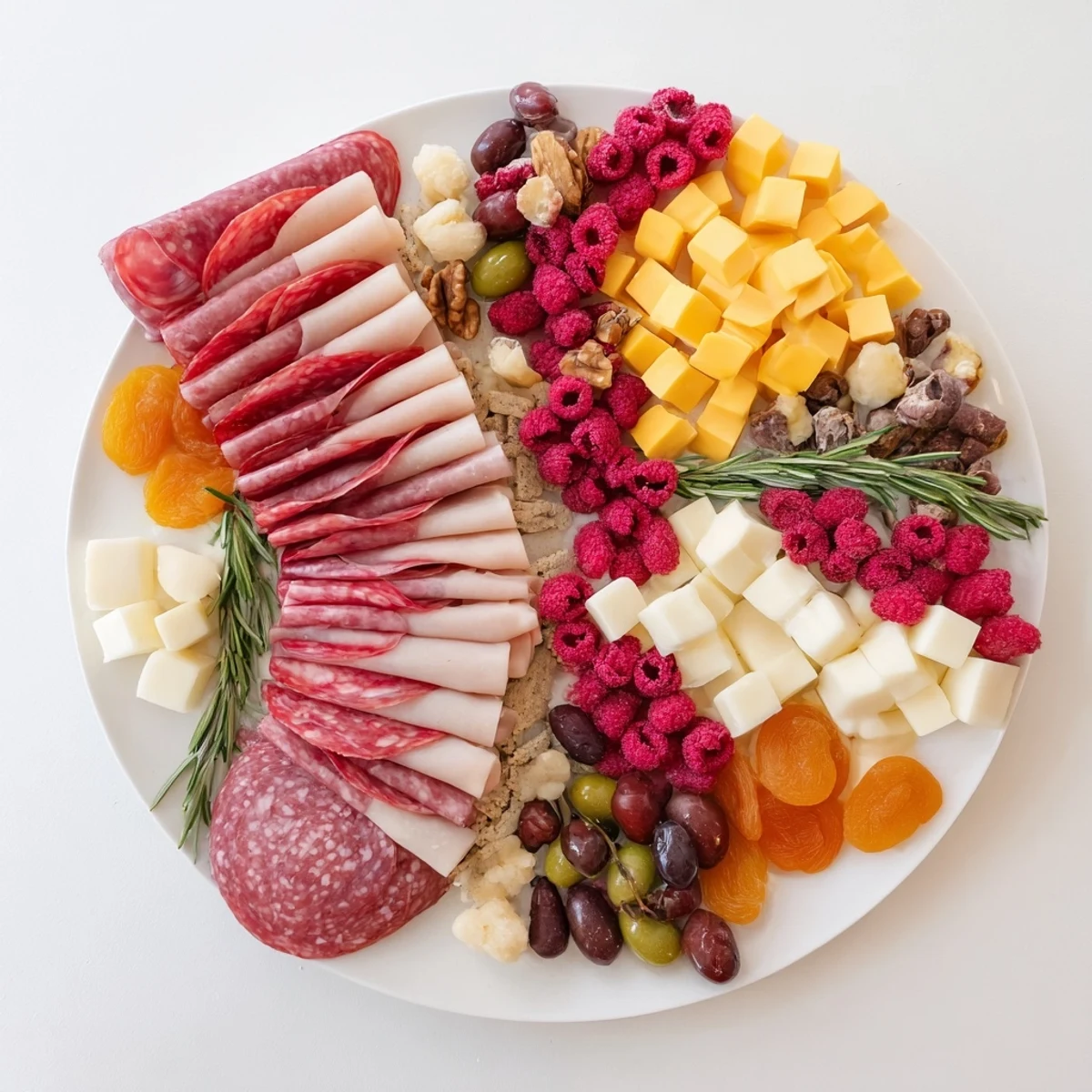 Vibrant holiday Meat & Cheese Stocking Charcuterie Board, featuring cured meats, cheeses, and fresh fruits arranged elegantly.