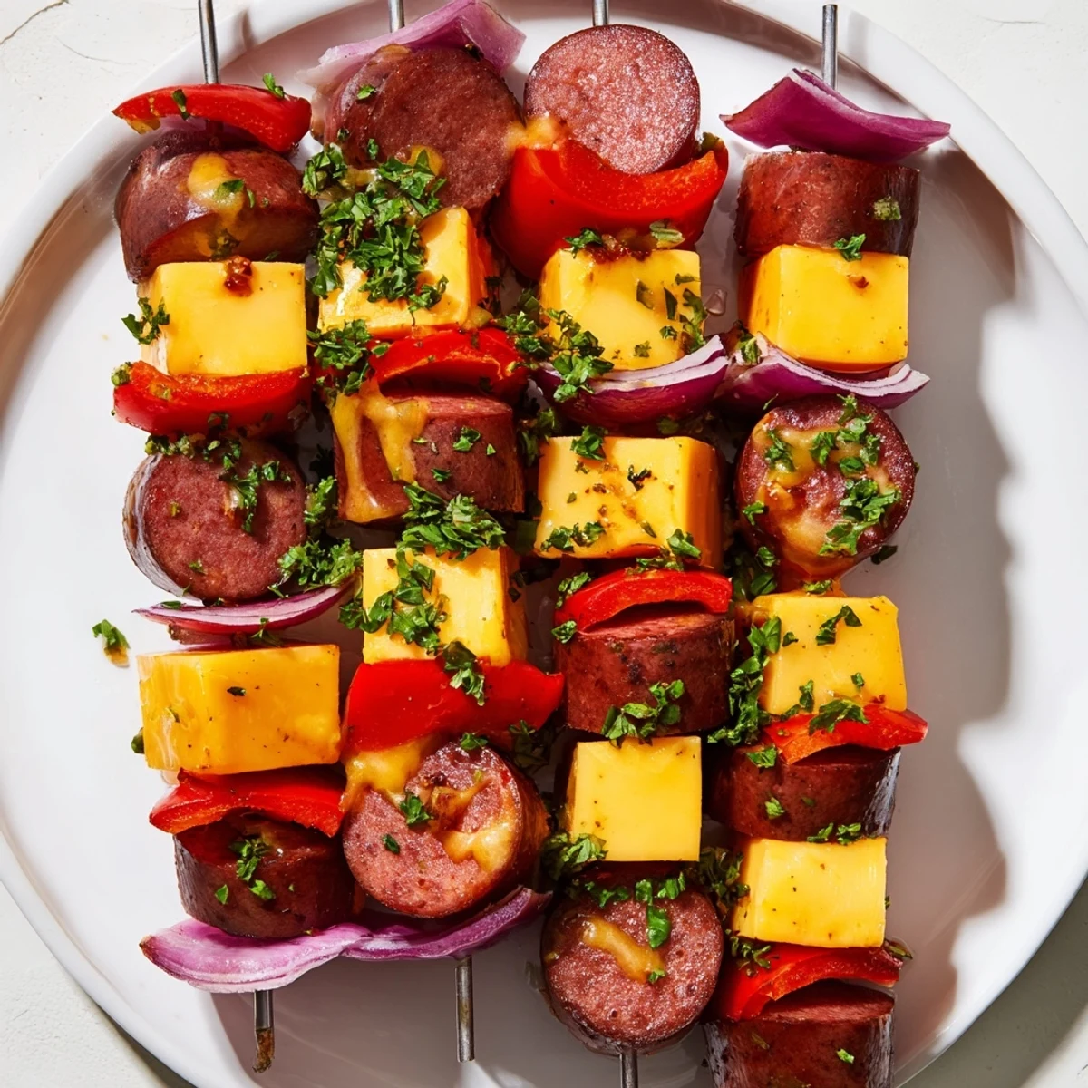 Savory Skewers: Chimney Stack Sausage and Cheese, grilled with perfectly melted cheese and colorful bell peppers.
