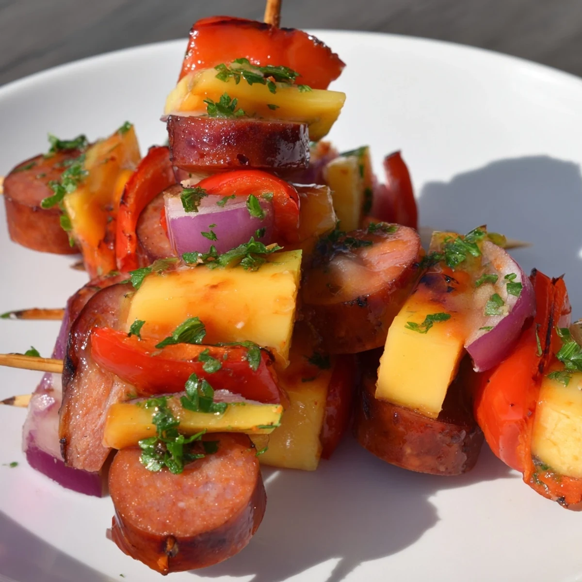 Juicy Savory Skewers: Chimney Stack Sausage and Cheese, ready to serve with grilled sausage and warm, gooey cheese cubes.