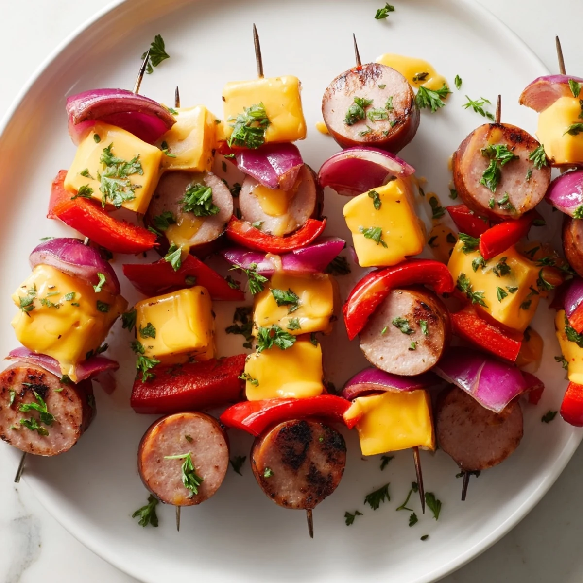 Smoky Savory Skewers: Chimney Stack Sausage and Cheese feature grilled sausage, peppers, onions, and cheese, a delicious appetizer.