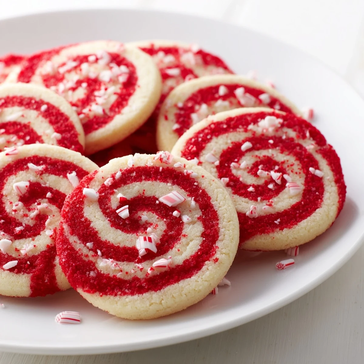 Candy Cane Swirl Cookie platter, showcasing swirled red and white cookies with sugared edges, delicious for the holidays.