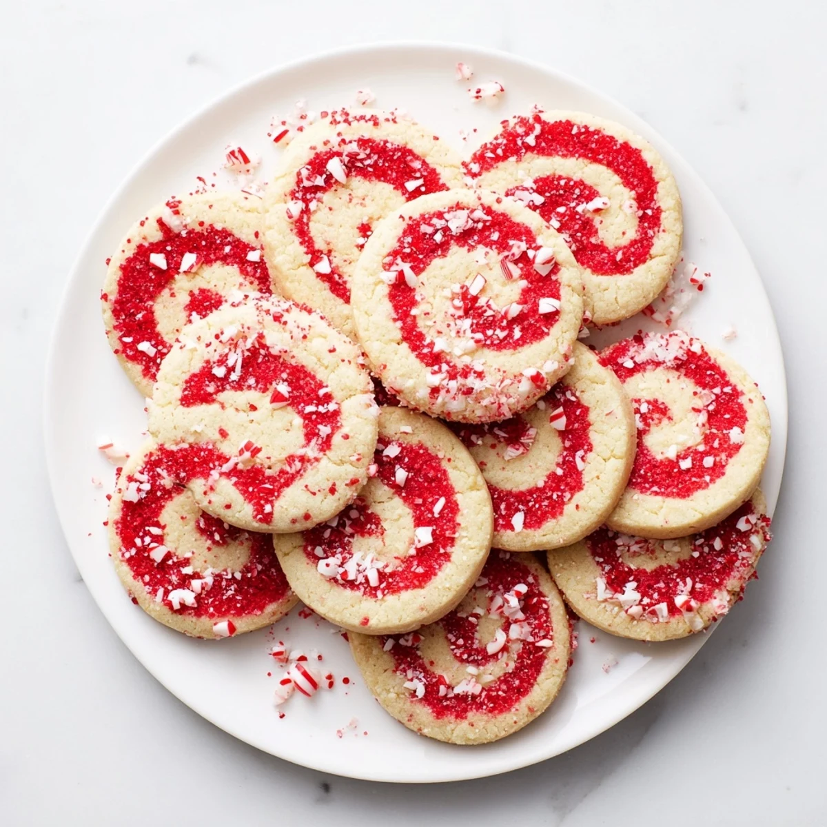 Close-up of freshly baked Candy Cane Swirl Cookies, intricately swirled, ready to gift or enjoy with warm cocoa.
