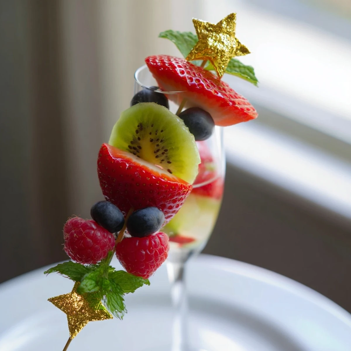 Festive champagne flute fruit garnishes with gold leaf adding sparkle, ideal for a New Year's toast.