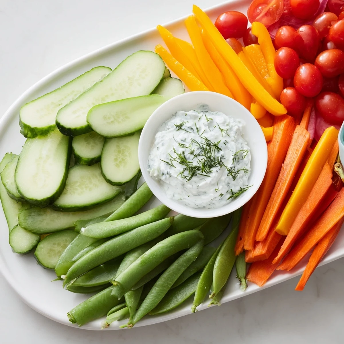 This colorful Veggie Platter showcases a beautiful artistic arrangement, ready for dipping and snacking.