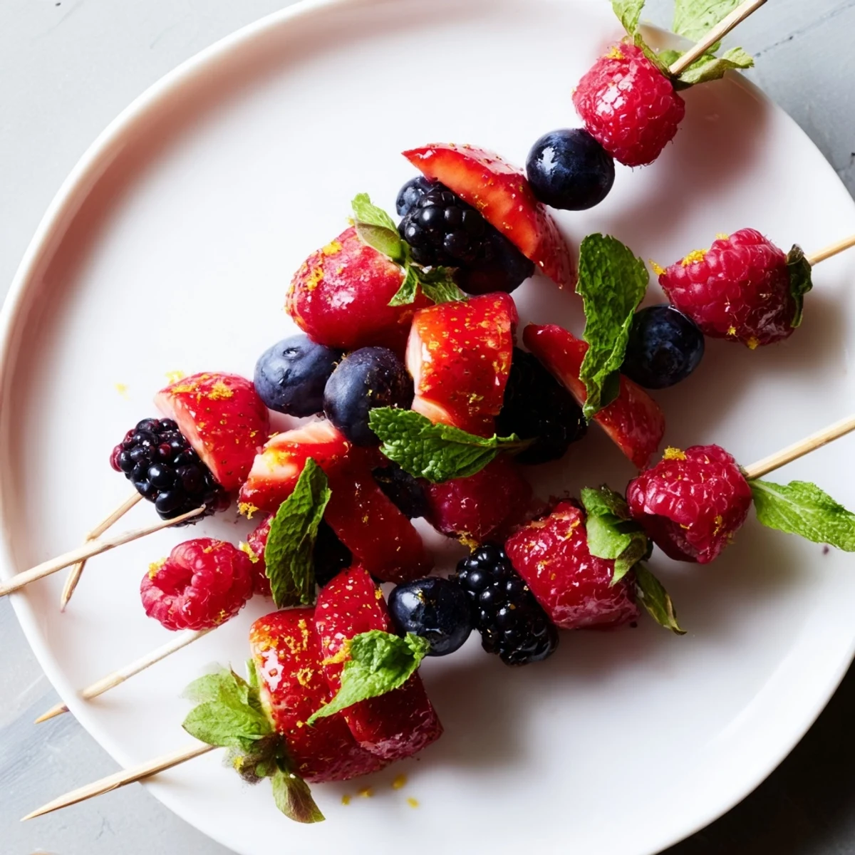 These vibrant fruit skewers showcase a medley of berries and mint, perfect for a summer snack.