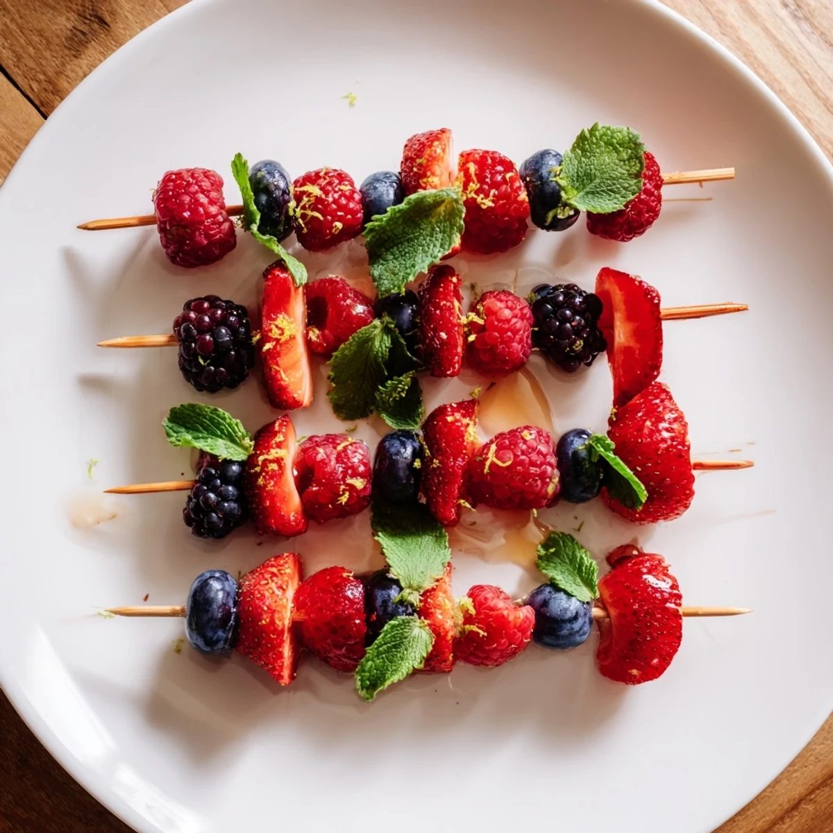 Beautifully arranged berry and mint fruit skewers: a refreshing and colorful party appetizer idea.