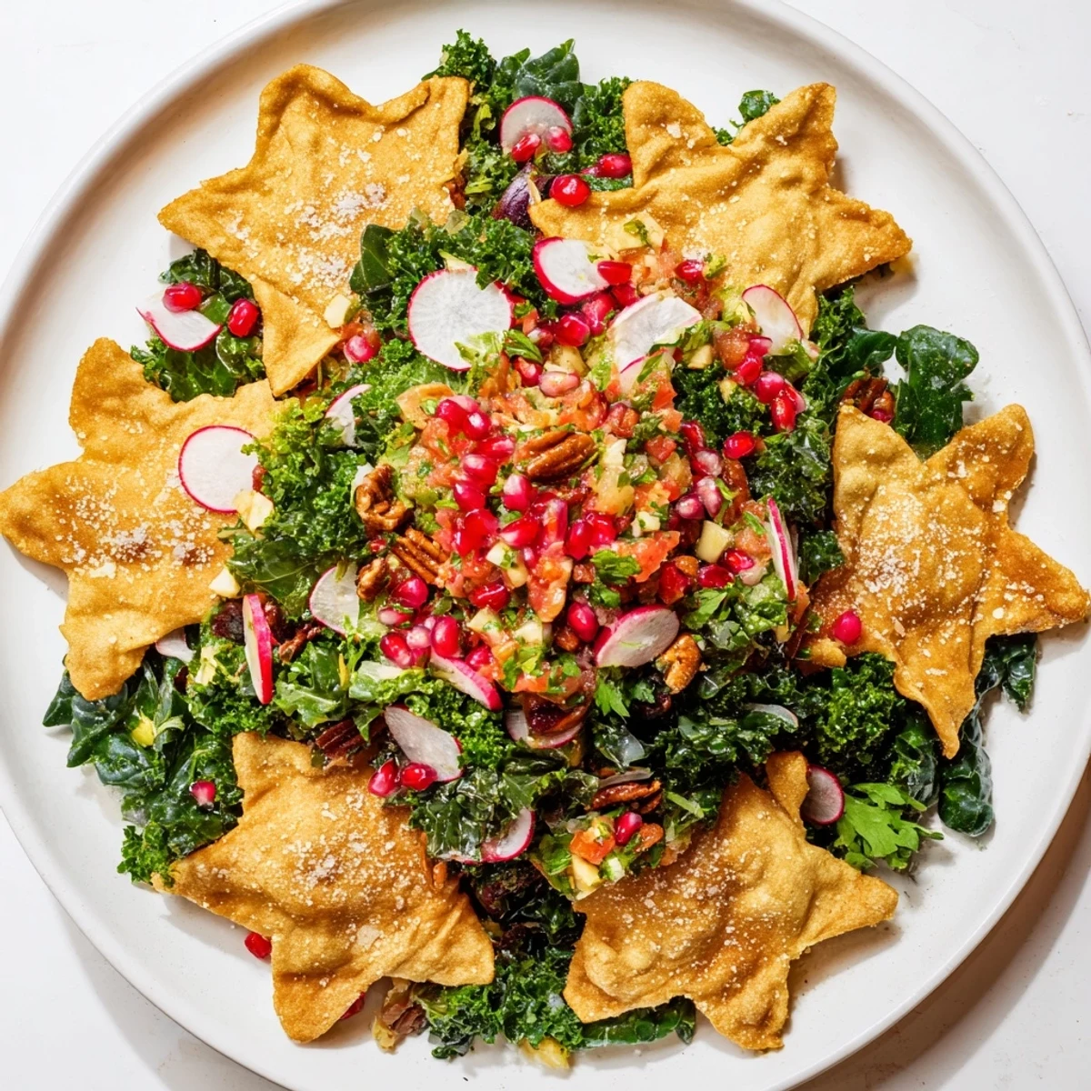 Crisp snowflake tortilla chips accompany a vibrant Winter Salad, drizzled with tangy dressing and salsa.