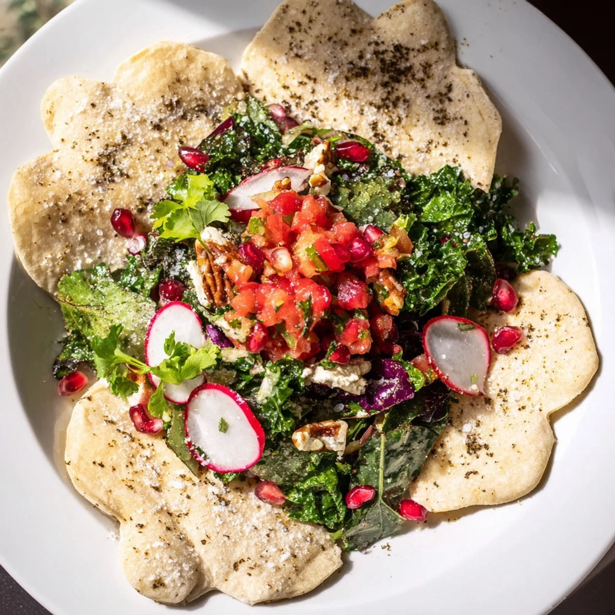 This Winter Salad showcases colorful greens and pomegranate, the snowflake chips adding delightful crunch.