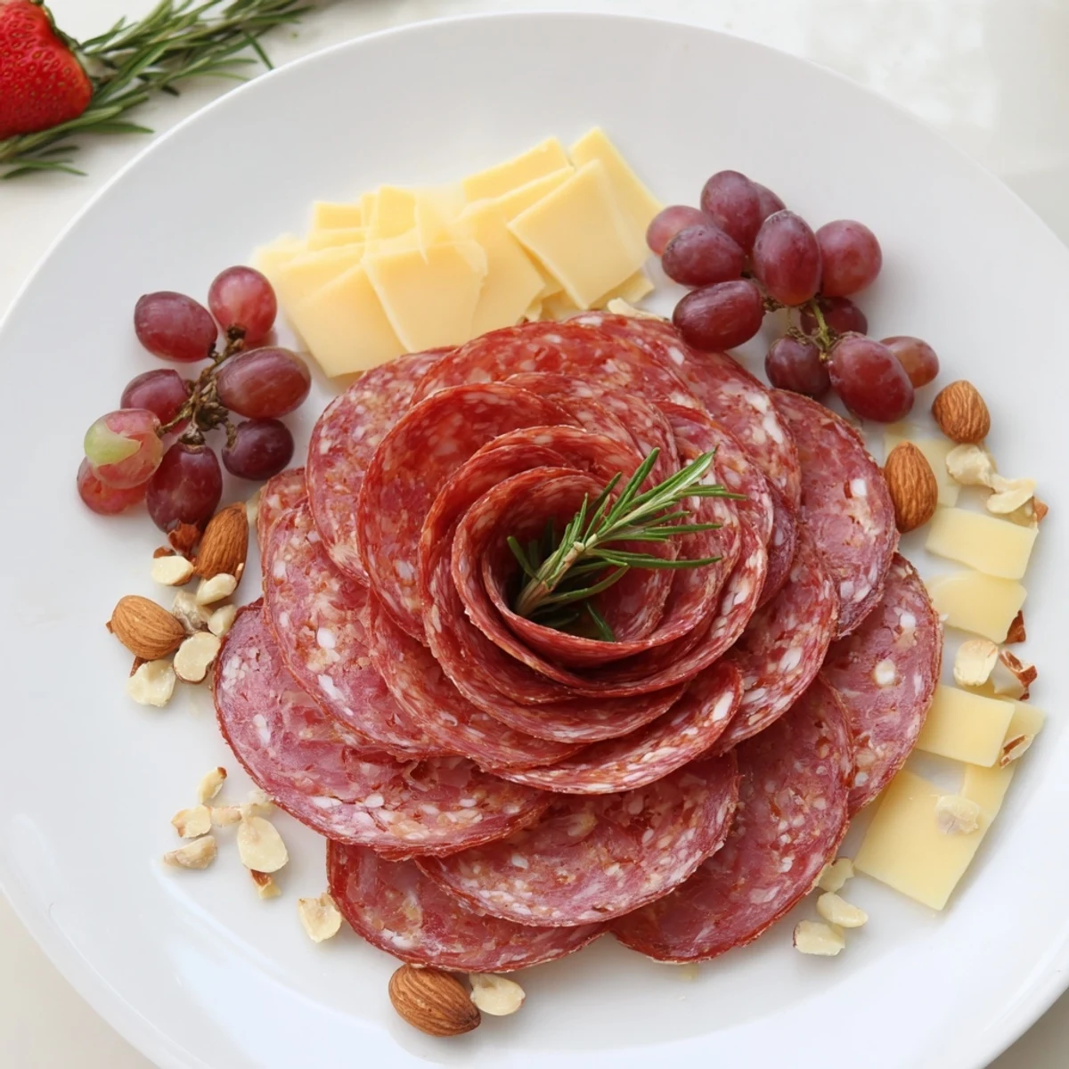Delectable Easy Charcuterie board with a vibrant salami rose & assorted cheeses, nuts, and fruits.