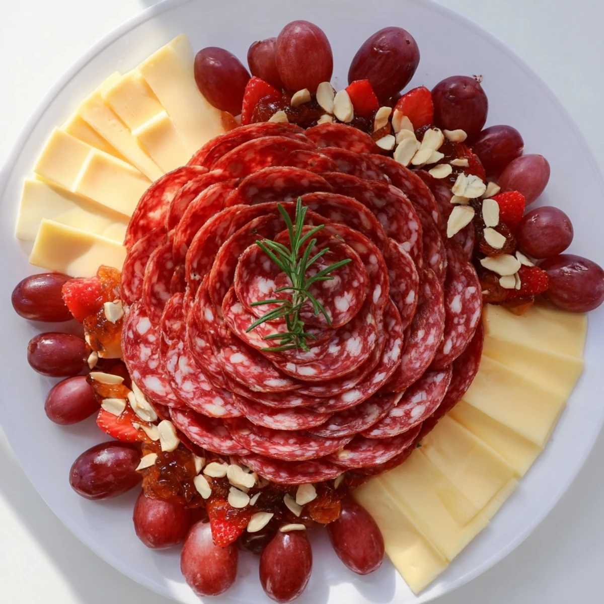 Close-up of an artfully arranged Easy Charcuterie board, showcasing a salami rose and other tasty treats.