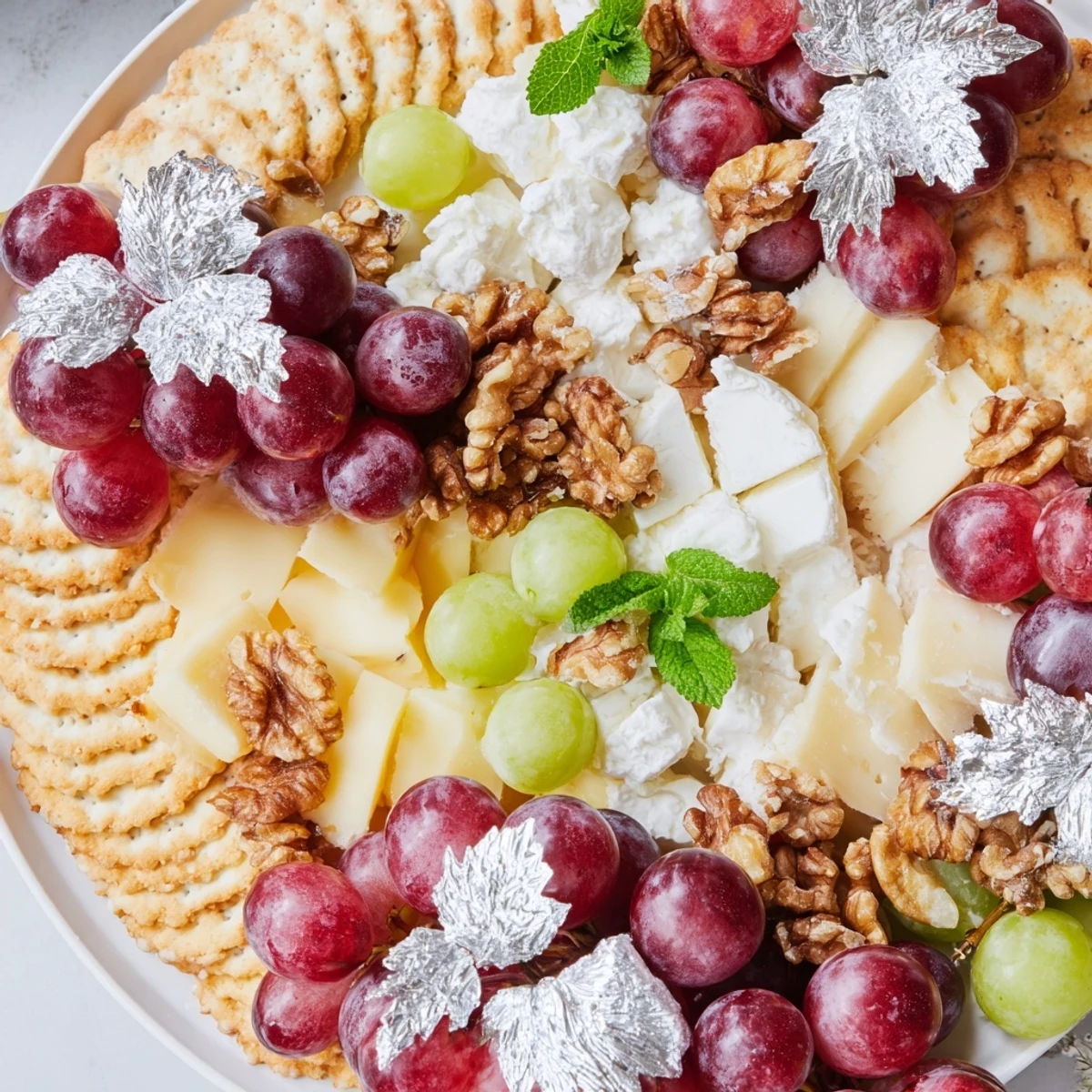 Festive Sparkling Grape platter with silver crackers and vibrant green/red grapes ready to eat.