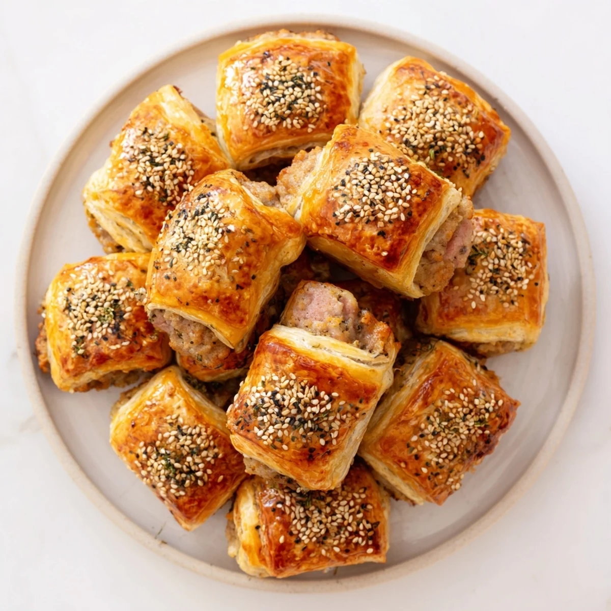 Golden, flaky Savory Bites: Mini Sausage Roll Half-Circle Wreath, perfect for a cozy gathering, ready to eat.