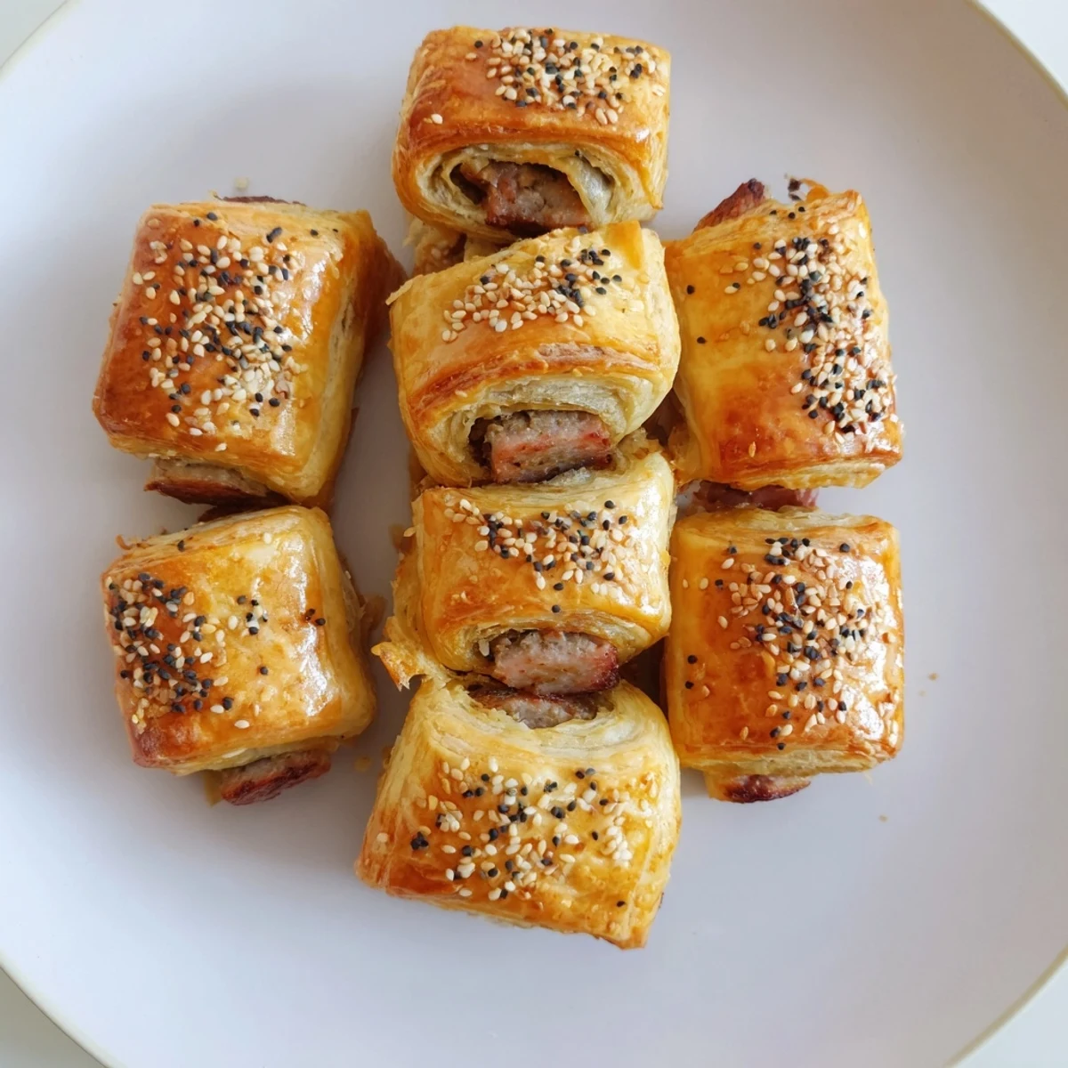 A visually appealing presentation of Savory Bites: Mini Sausage Roll Half-Circle Wreath, with delightful, browned pastry.
