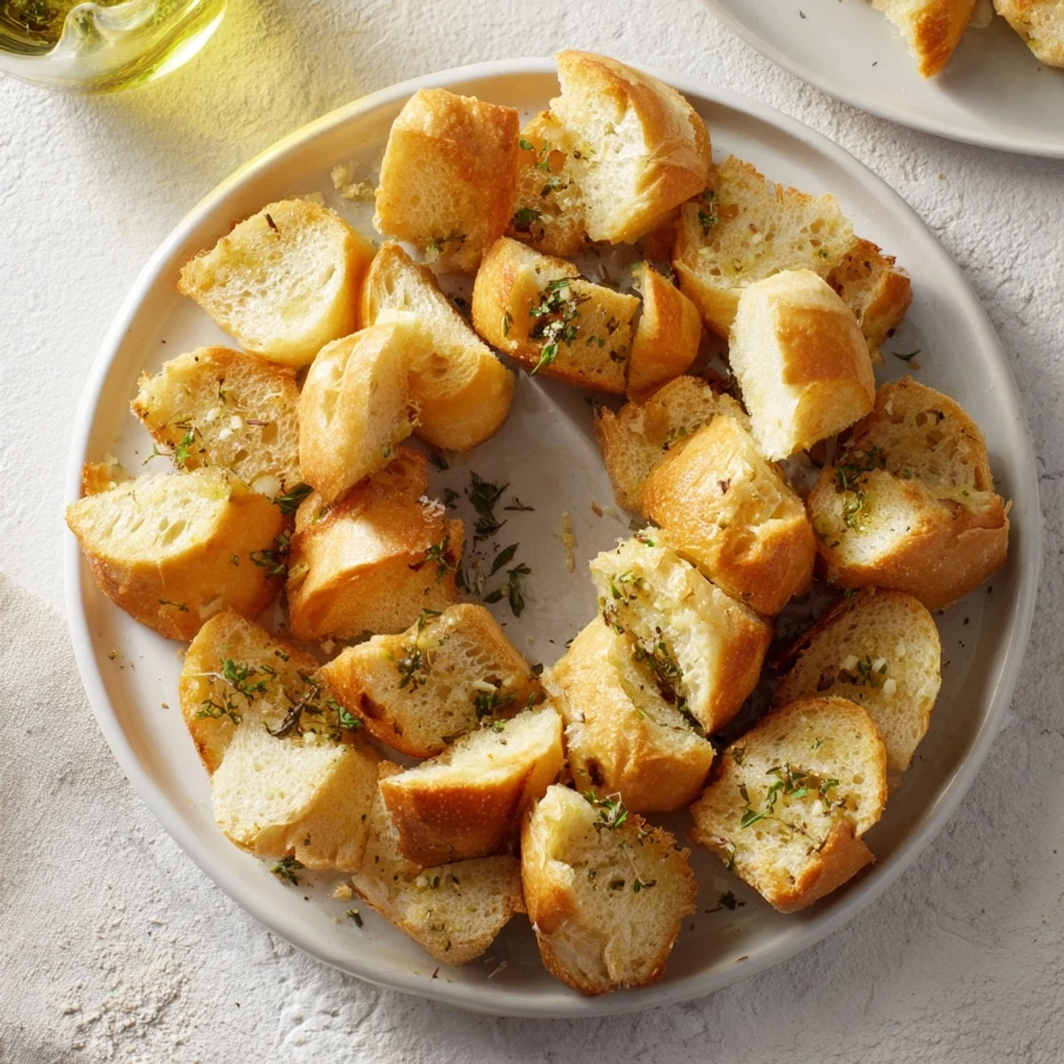 Golden brown baguette slices artfully arranged in a circle, ready for serving as a simple bread appetizer.