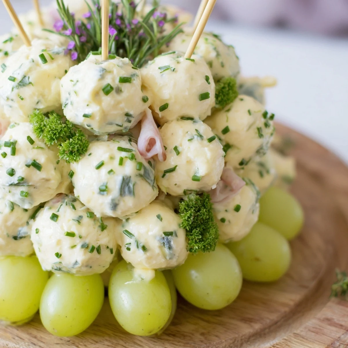 A beautifully arranged Mistletoe Kissing Ball appetizer, showcasing creamy cheese balls and fresh herbs, perfect for holiday parties.