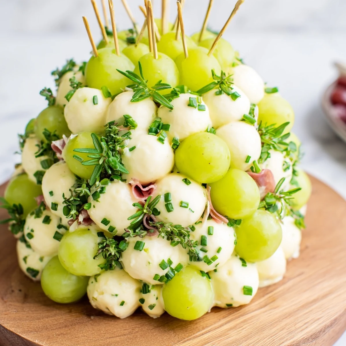 This festive Mistletoe Kissing Ball displays a tasty array of grapes, prosciutto, and cheese, ready for everyone to enjoy.