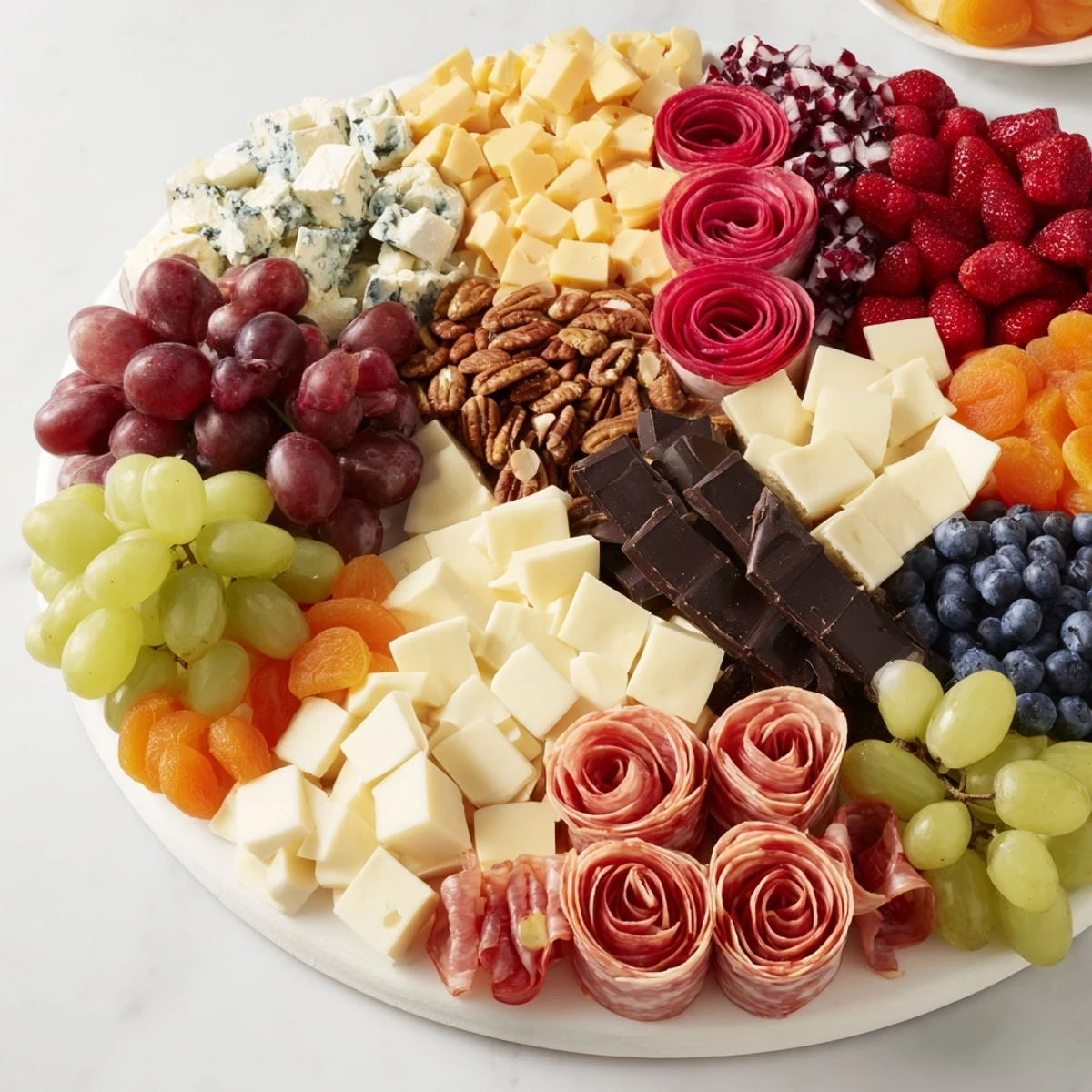The majestic Nutcracker Suite Board presents a colorful array of cheeses, fruits, and meats for a feast.