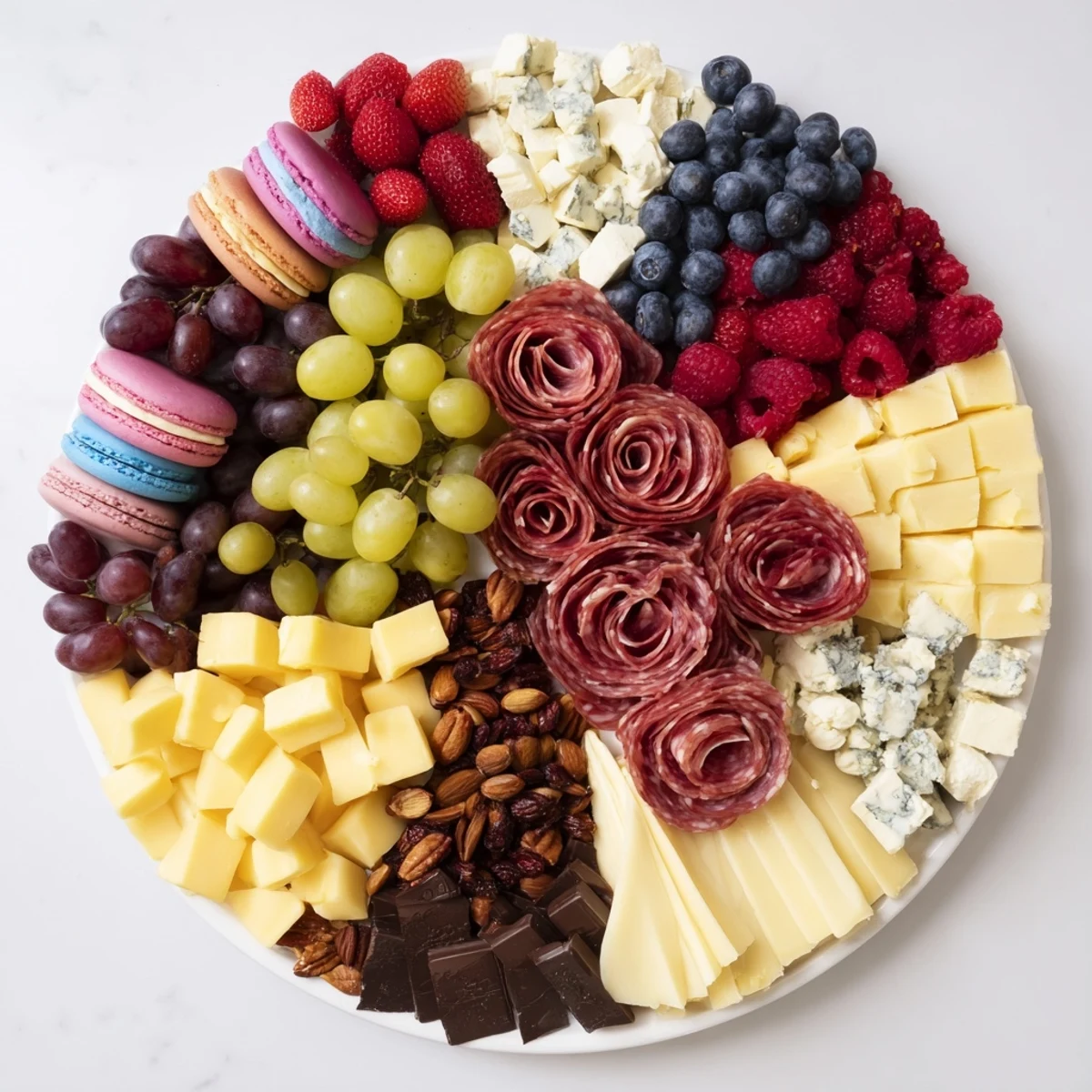 A visually stunning Nutcracker Suite Board showcasing vibrant cheeses, salami, grapes, and crackers, beautifully arranged.