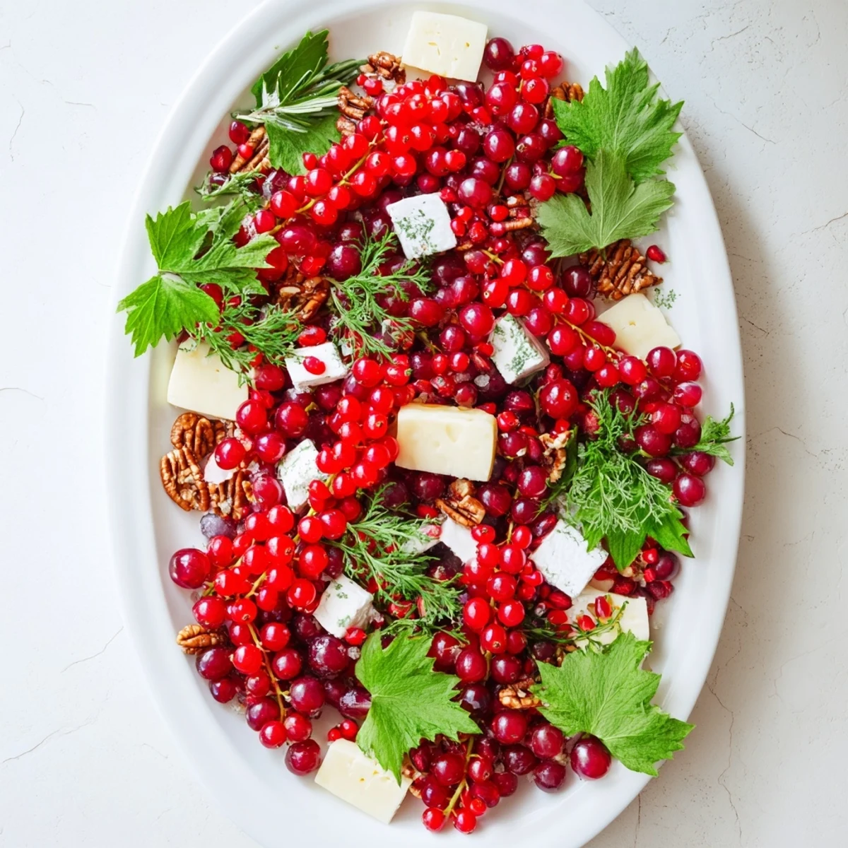 Holly Berry Cluster appetizer: a vibrant platter of red berries, cheese, and fresh herbs, perfect for holiday entertaining.