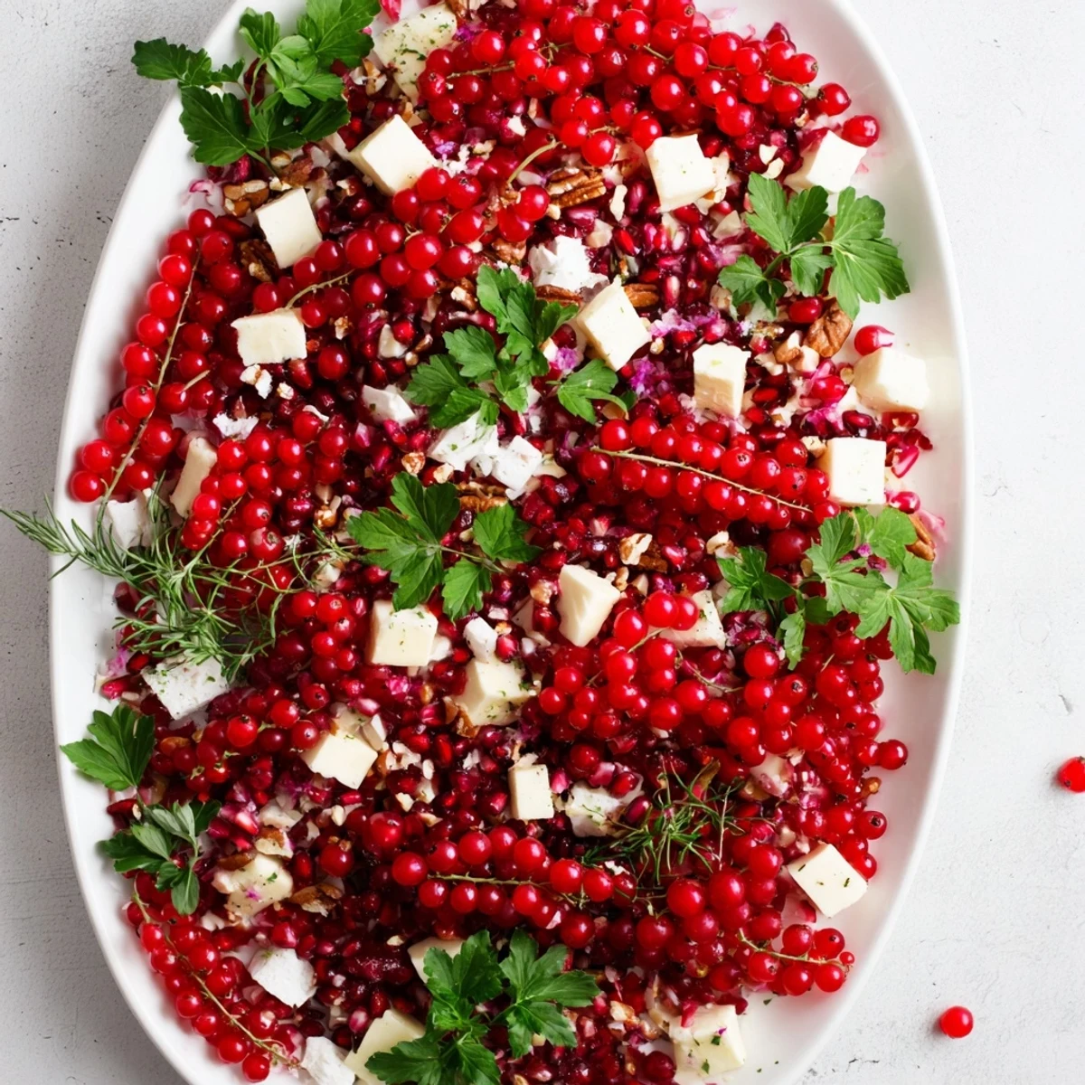 Festive Holly Berry Cluster arranged with red currants, cheese and greenery, creating a gorgeous Christmas appetizer.