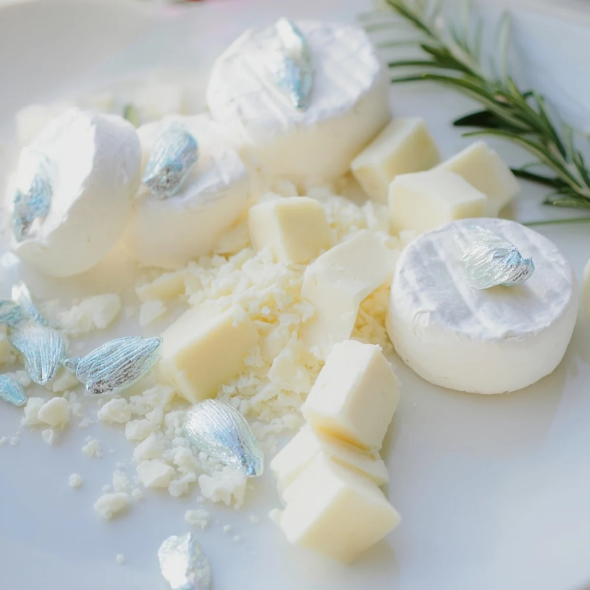 Elegant Winter Wonderland Platter with rosemary sprigs and edible silver flakes offers an inviting assortment for the holidays.