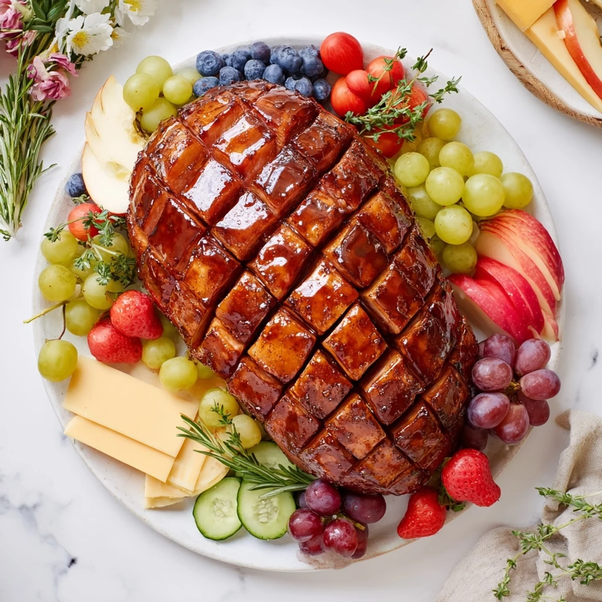 Sweet glazed ham centerpiece board: a vibrant holiday spread featuring glistening ham and assorted cheese.
