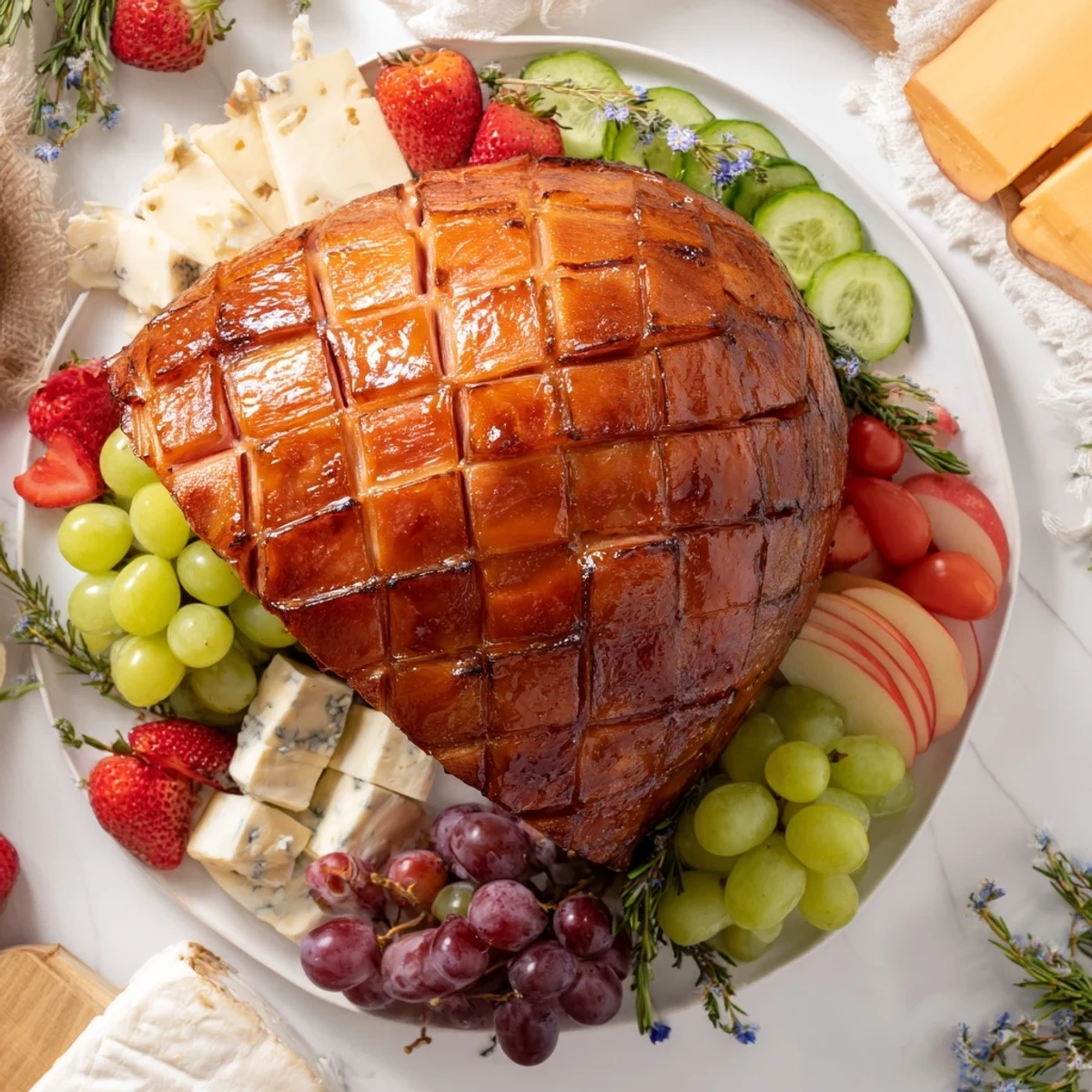The glazed ham centerpiece board showcases warm, caramelized ham surrounded by colorful fruits and crackers.