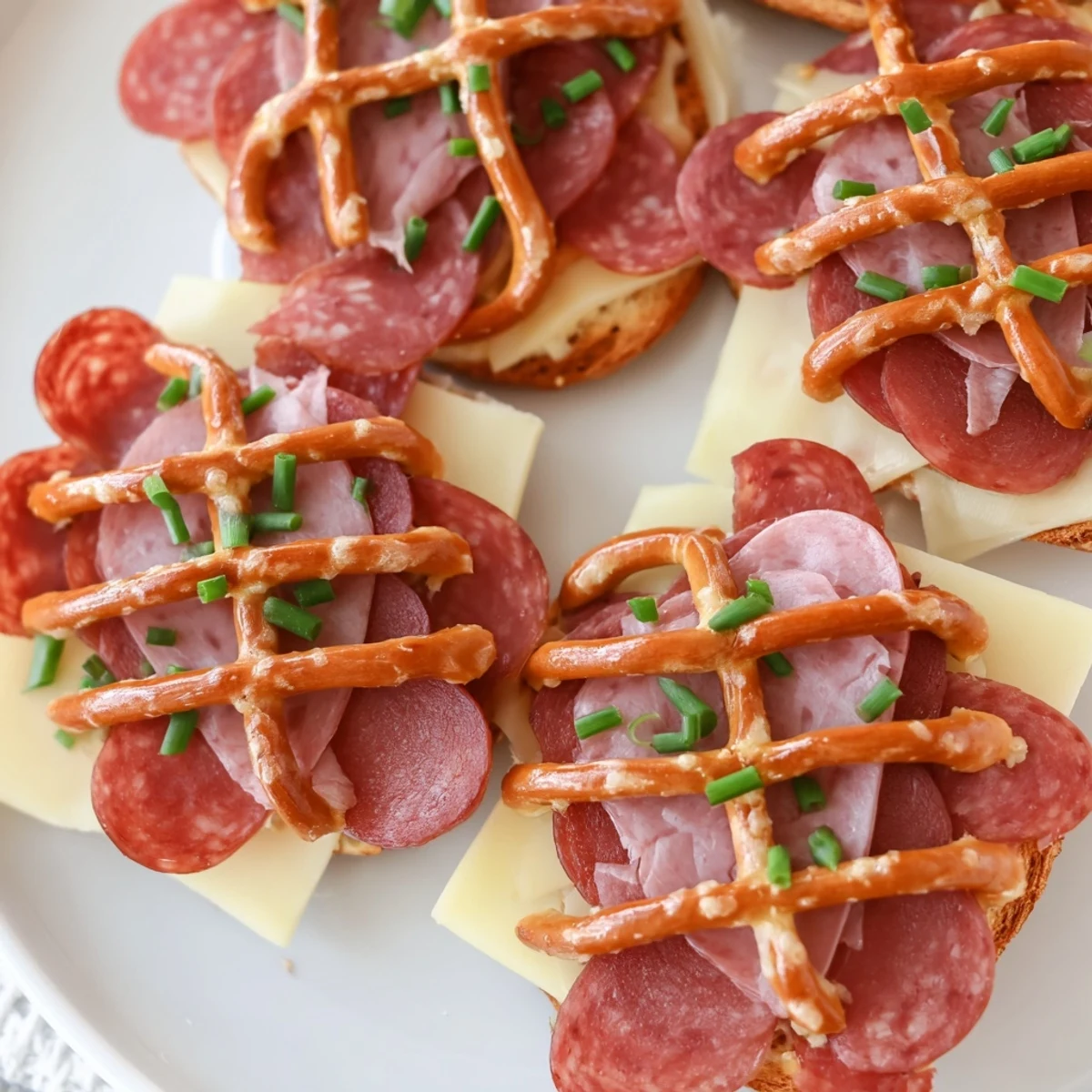 A close-up of The Lattice Window appetizer showcasing a pretzel lattice over savory meats and cheese.