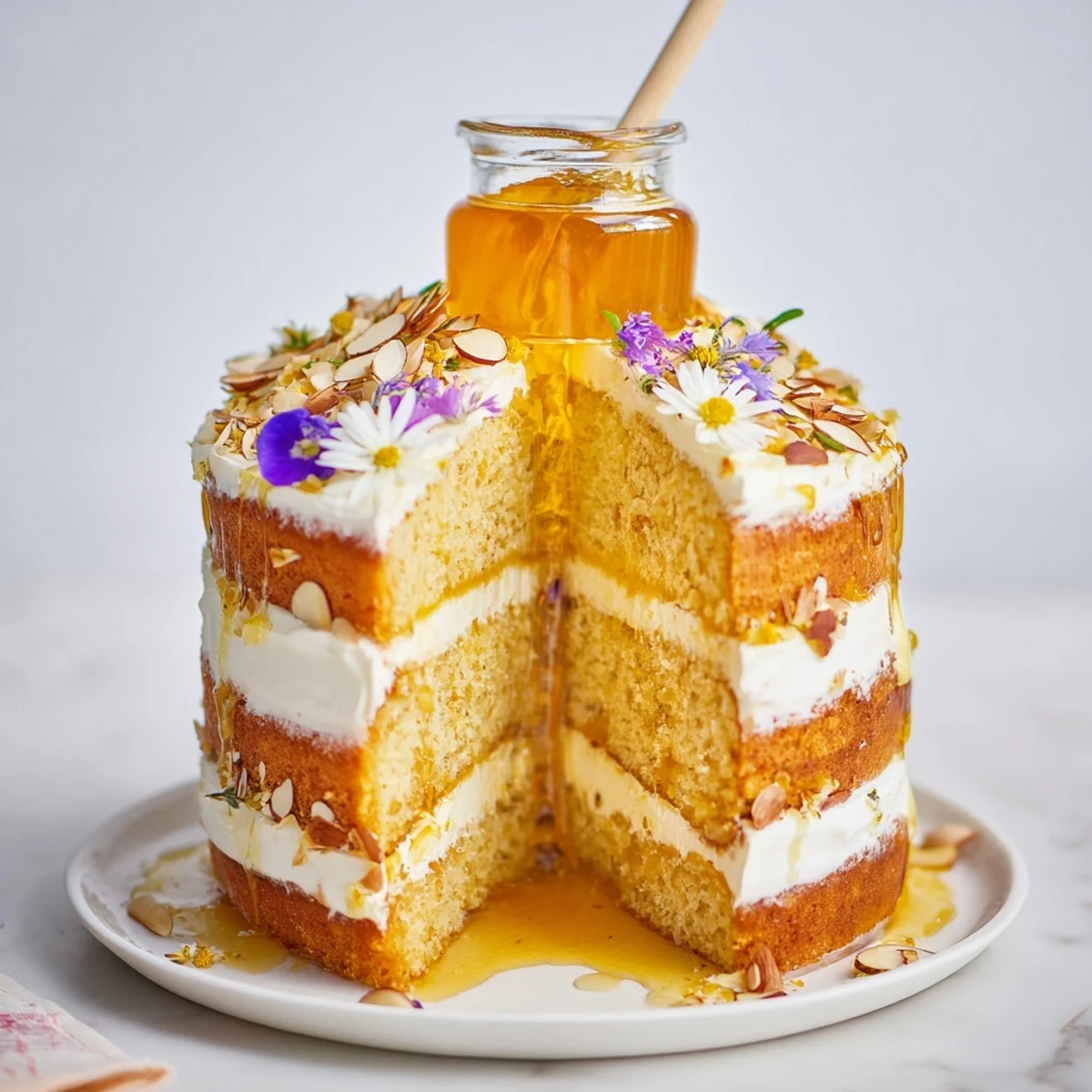 Golden, layered The Honey-Drip dessert with dripping honey pot center, ready to be enjoyed.