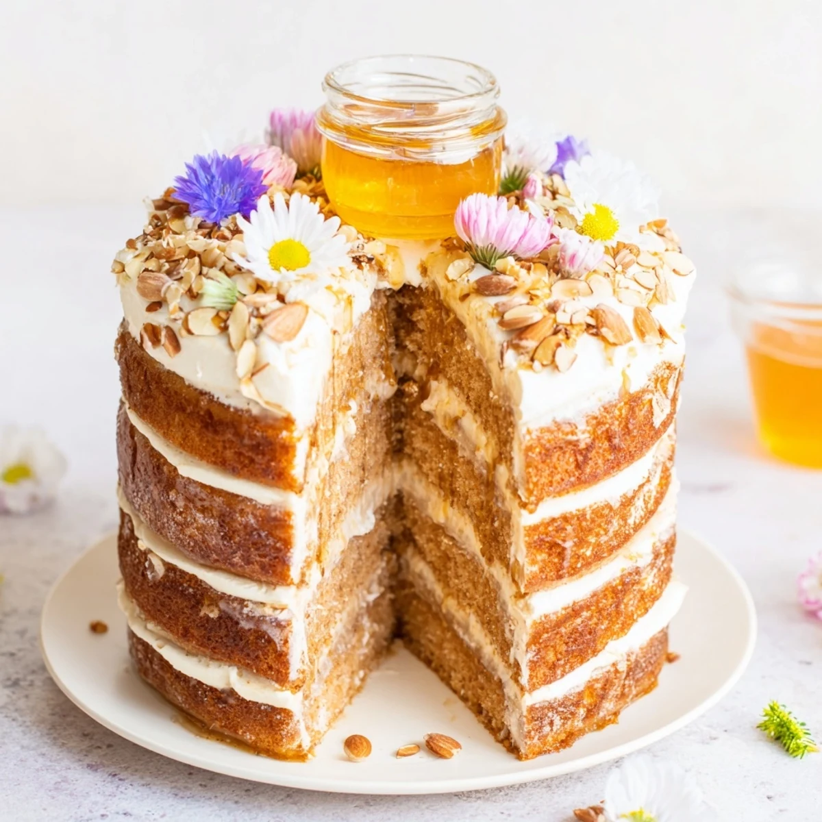 A close-up of The Honey-Drip, showing honey flowing from the cake's center, perfect for dipping.
