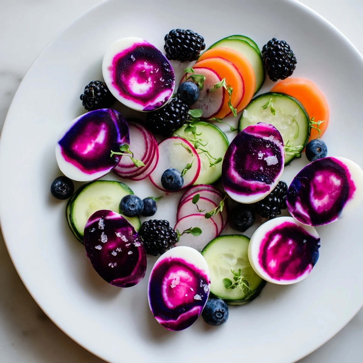 Brightly colored The Neon Night platter with vibrant pickles, eggs and fruits is ready to eat.