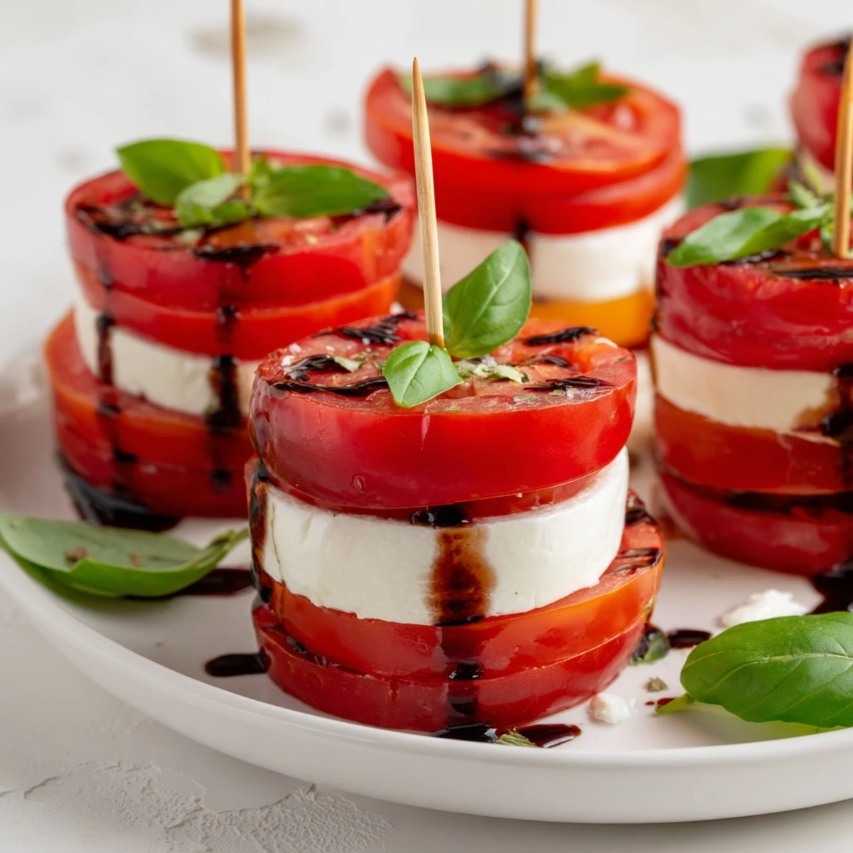 The vibrant Tuscan Pillar appetizer showcases layered tomatoes, mozzarella, and a basil top.
