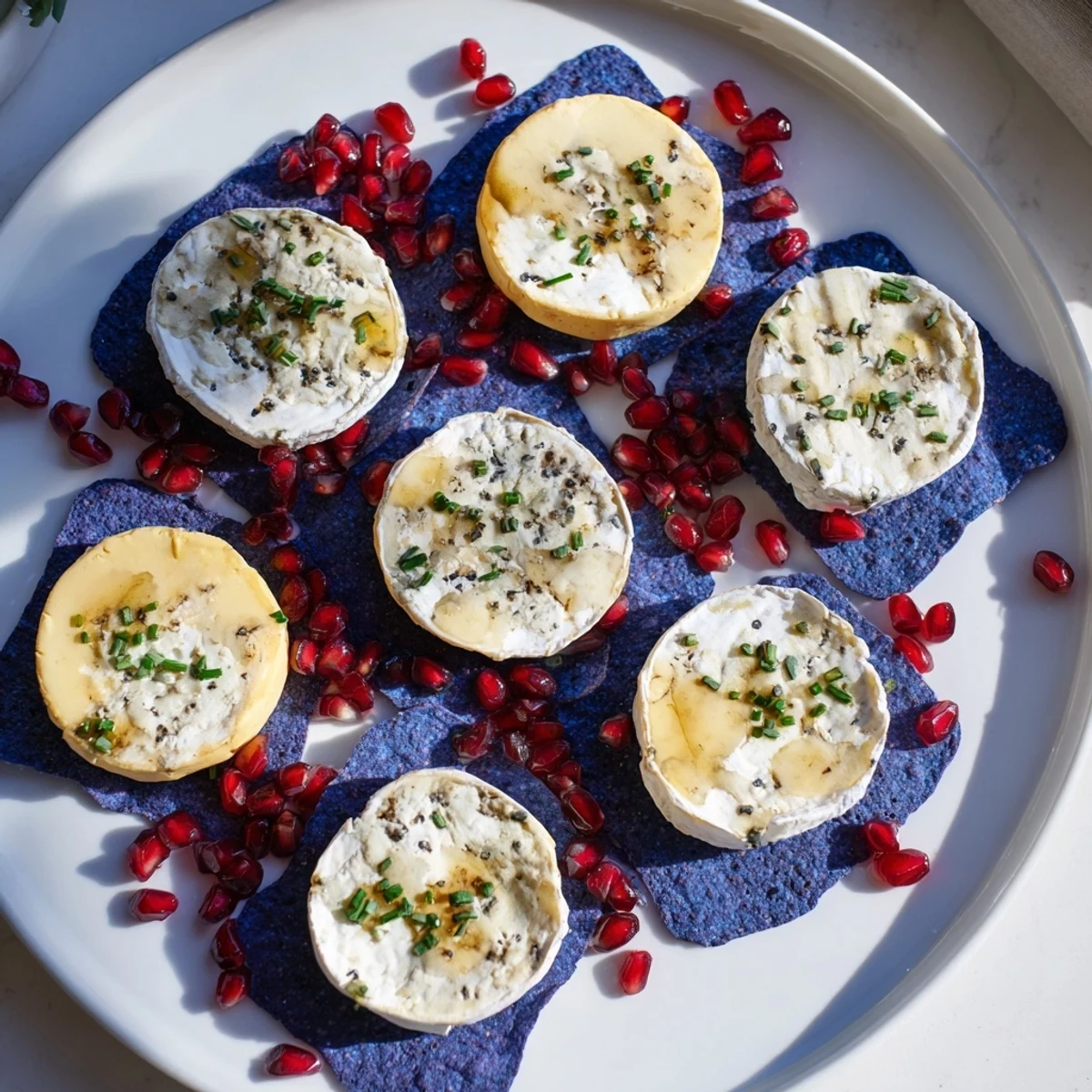 Appetizing Stepping Stones appetizer: Cheeses arranged like stones across vibrant blue corn chips.