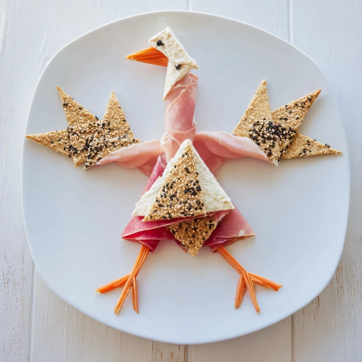 A beautifully arranged Paper Crane appetizer, featuring cured meats and triangular crackers, ready to eat.