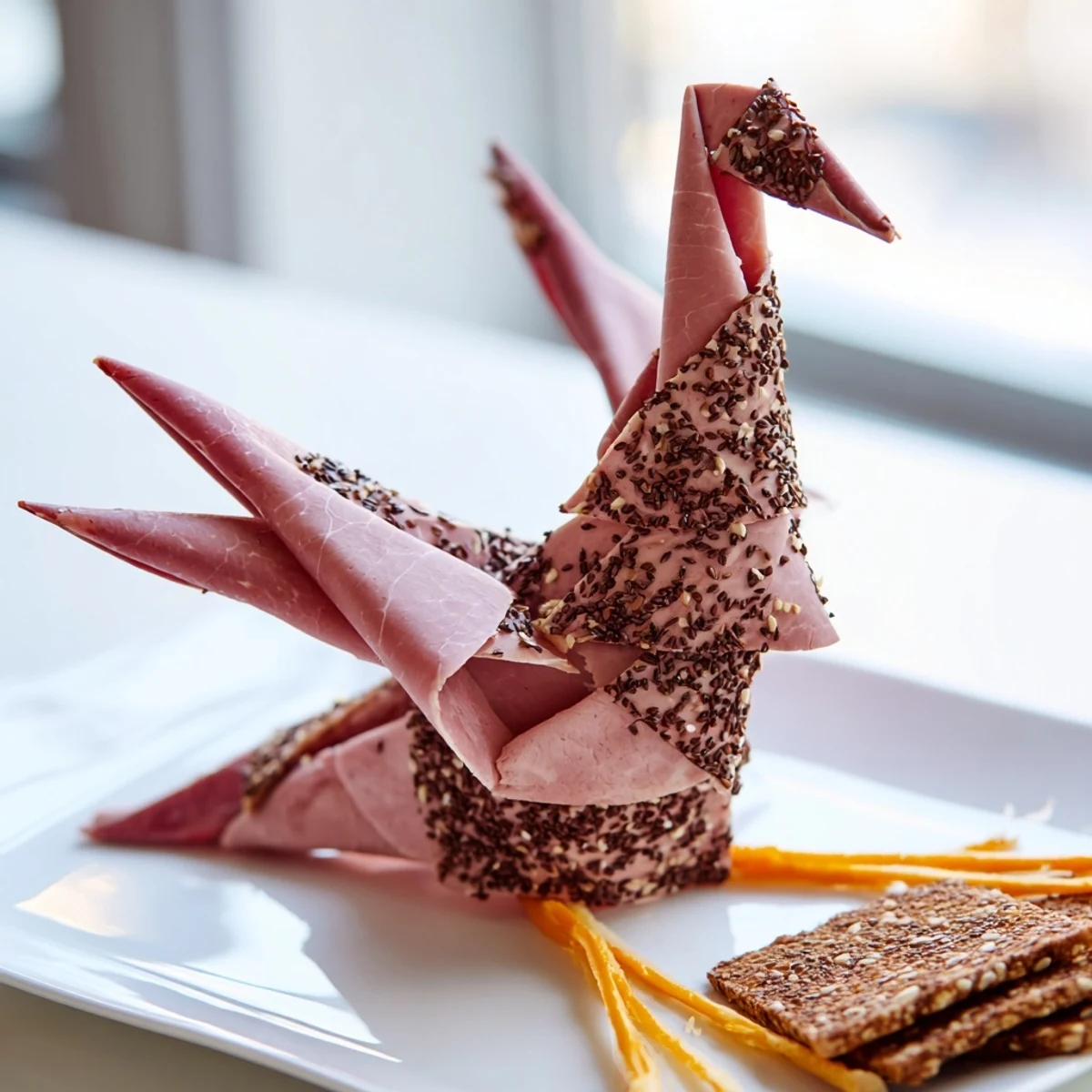 Delicate folds of meat create an artistic Paper Crane, contrasted with crispy crackers for serving.