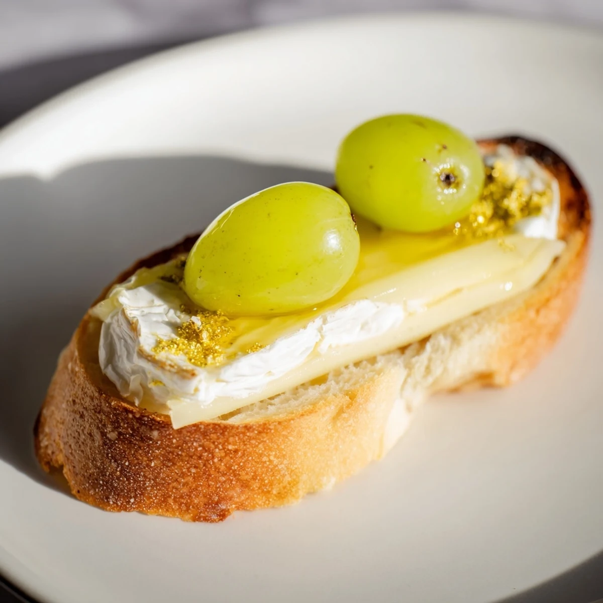 Close-up of sparkling Champagne toasts: Toasted baguette piled high with grapes and cheese, ready to enjoy.