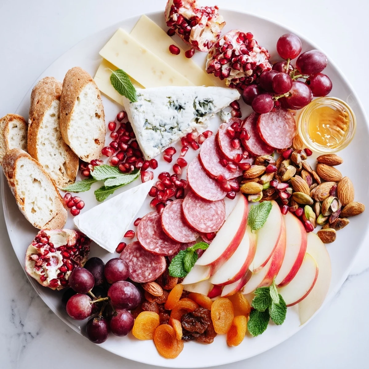 Pomegranate Jewel Cascade cheese board features creamy goat cheese, prosciutto, and sparkling ruby pomegranate seeds.