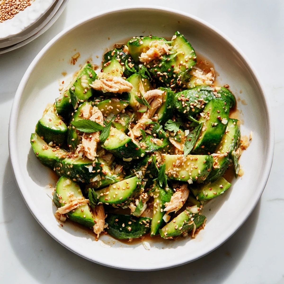 Freshly smashed whole cucumbers in Logan salad, tossed with chicken, bursting with flavor.