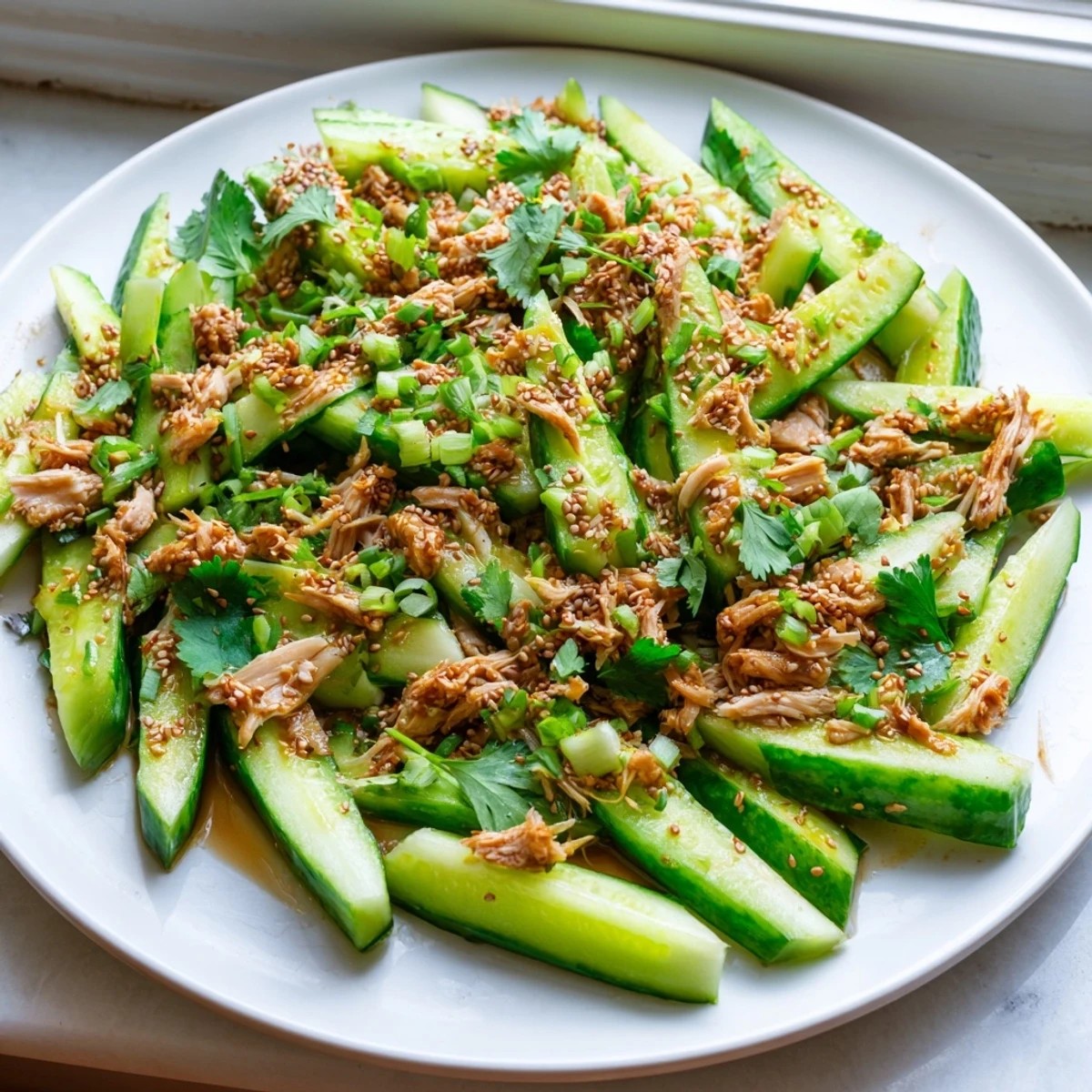 Vibrant shot of Whole Cucumber Logan Salad, featuring juicy rotisserie chicken and sesame seeds on top.