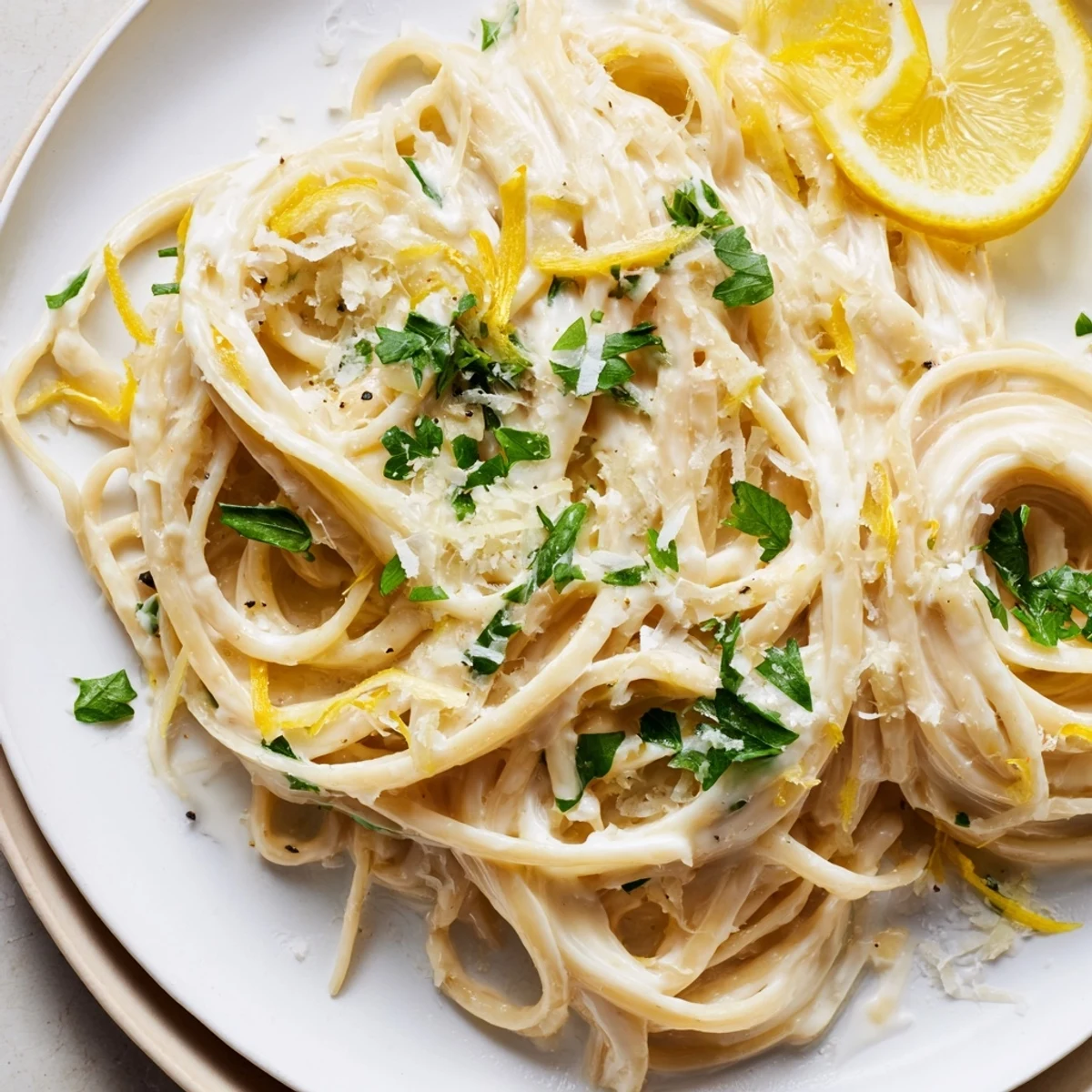 Lemon-Garlic Greek Yogurt Pasta, creamy and bright, is shown ready to eat, garnished with parsley.