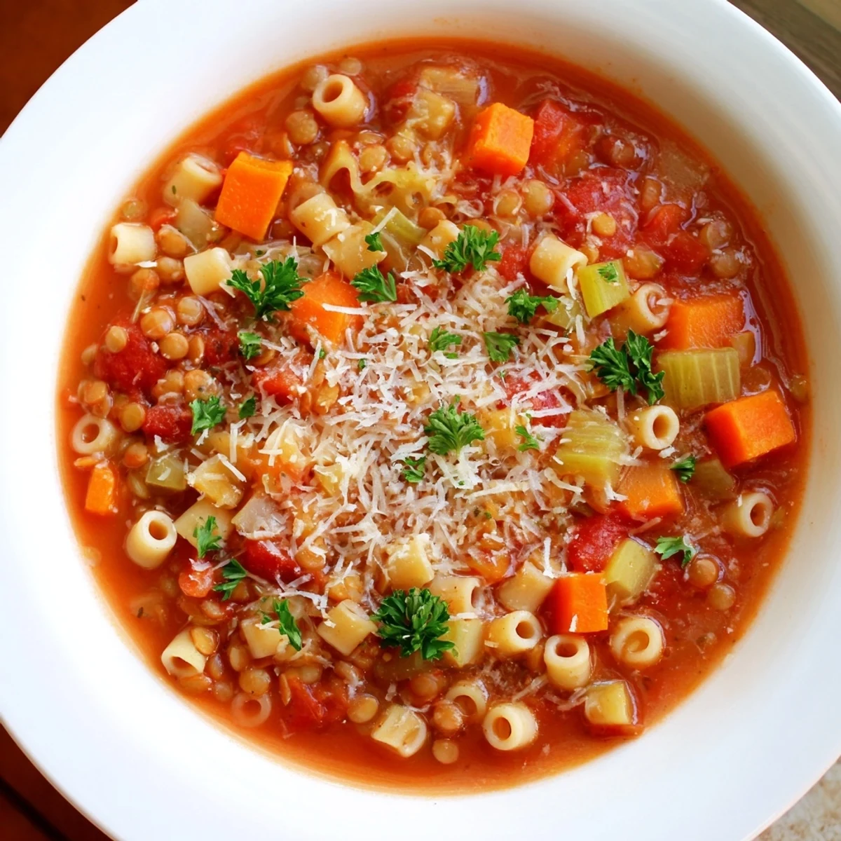Warm and comforting Ditalini and Lentil Soup, full of tender lentils and small pasta swirls.