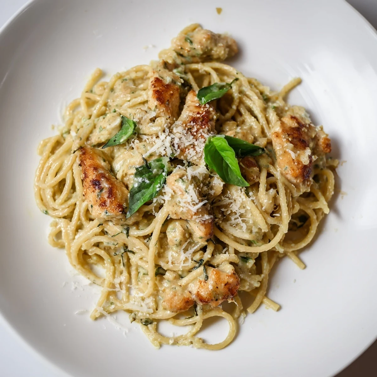 Steaming bowl of pesto egg and chicken pasta topped with fresh basil and Parmesan cheese.