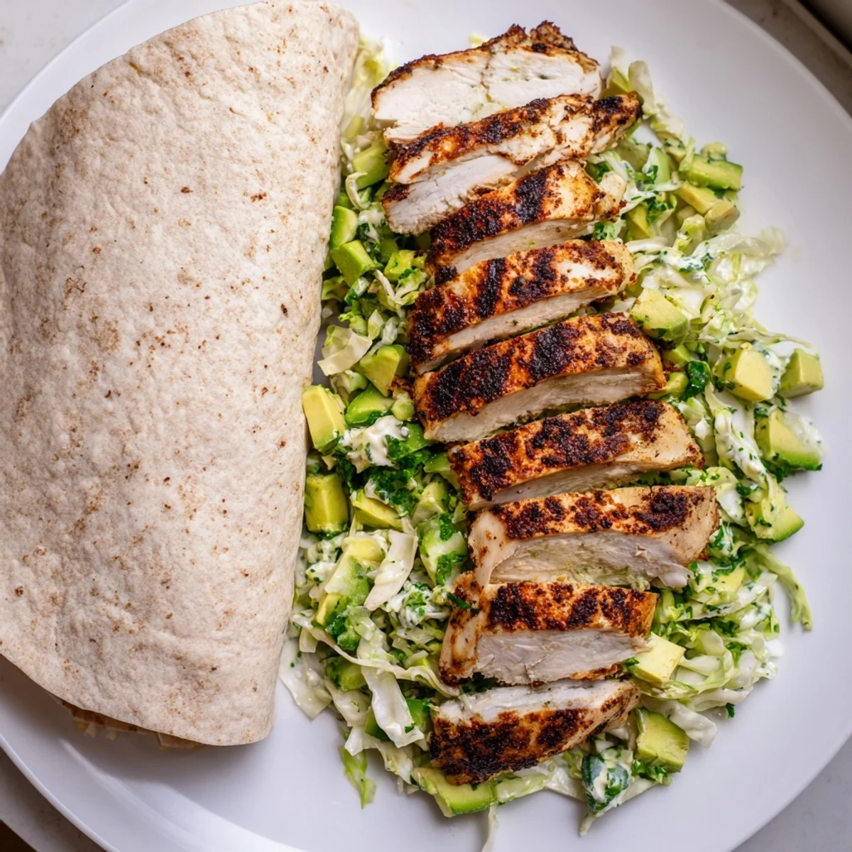 Green Goddess Chicken Wraps, showcasing grilled chicken and fresh, vibrant salad filling a whole wheat wrap.