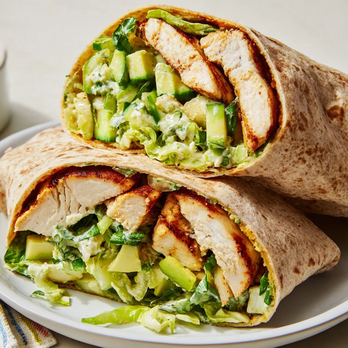 A plate of Green Goddess Chicken Wraps, featuring sliced chicken and veggies bursting from the tortillas, ready to savor.